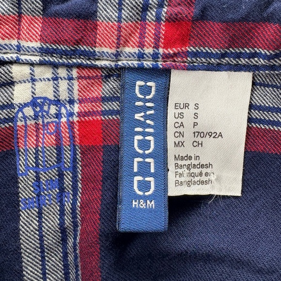 H&M Divided Navy Red White Plaid Snap Front Western Style Slim Fit Flannel Shirt - Picture 4 of 6